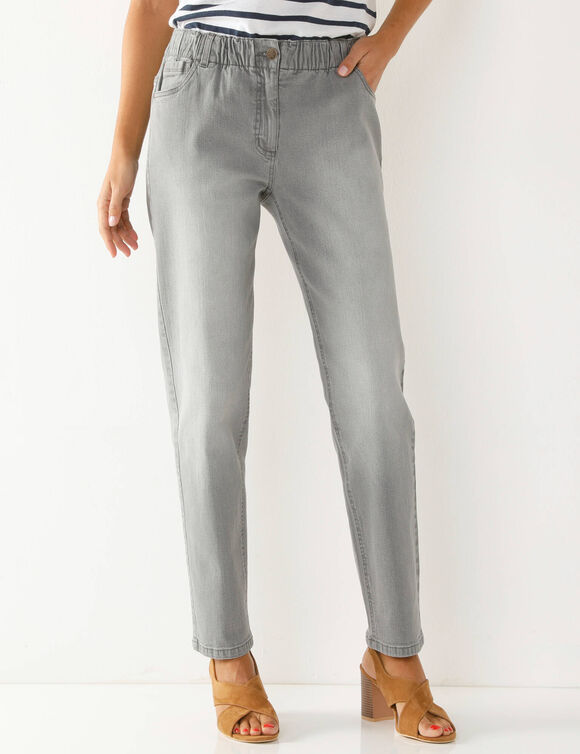 Jean stretch coupe mom confort, taille élastiquée (gris) Jean stretch coupe mom confort, taille élastiquée (gris)
